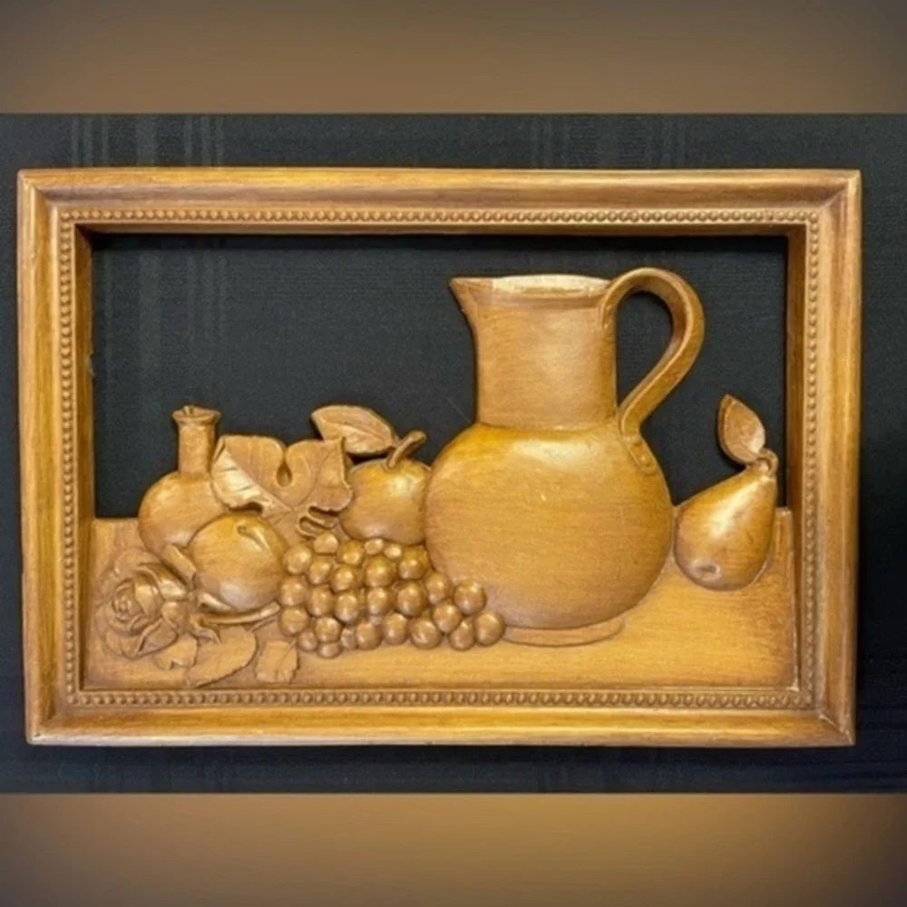 Syroco 1972 wood look pitcher & fruit rectangular wall art 16” x 11”. Rare find!